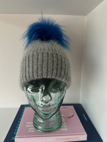 Grey w/ Blue Pom