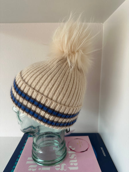 Cream w/ Mocha and Blue Stripe Hat