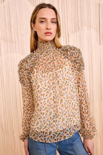 Magdalena Silk Emb Ruffle Long Sleeve Blouse