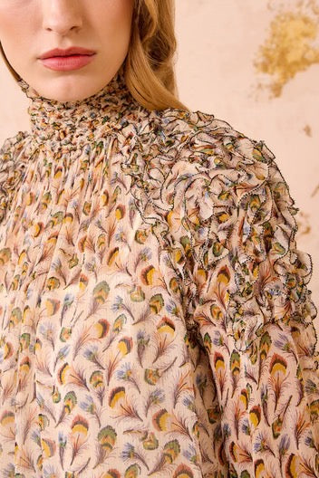 Magdalena Silk Emb Ruffle Long Sleeve Blouse